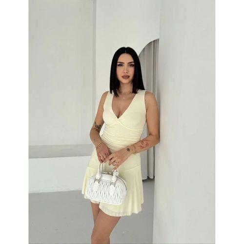 Derin V Yaka Sırt Dekolteli Mini Elbise Drapeli Şık Kolsuz - Açık Sarı
