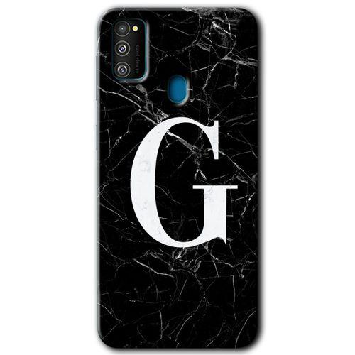 MRCİLETİSİM Samsung Galaxy M30s Kılıf Baskılı Kapak - Siyah Mermer Desenli G Harfi +Tam Kaplayan Mat Seramik