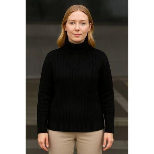 Balıkcı Yaka Bağazlı Triko Kazak Pamuklu Kalın Fitilli Dokuma - Siyah