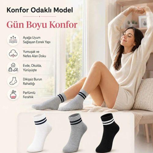 Unisex Çizgili Bilek Çorap 12'li | %80 Pamuklu Dikişsiz Burun, Siyah Beyaz Gri Günlük Spor