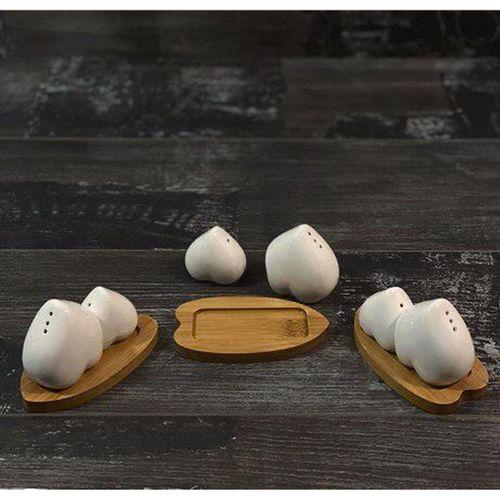 Hometarz Porselen 2 li Tuzluk Baharatlık Set Bambu Stantlı Kalpli