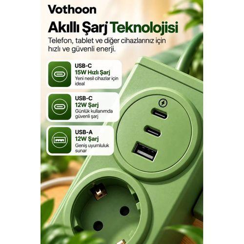 4’lü Akıllı Priz Tek Dokunuşla Fiş Çıkarma 2 Metre Kablo 2 Type-c + Usb 15w Hızlı Şarj 3680w