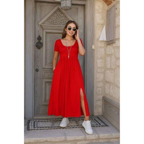 Kadın Kısa Kollu Yuvarlak Yaka önden Yırtmaçlı Cepli Viskon Uzun Elbise