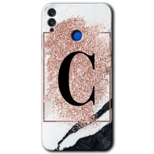 Honor 8c HD Baskılı Kılıf + 9D Tam Ekran Koruyucu - Pembe Mermer Desenli C Harfi