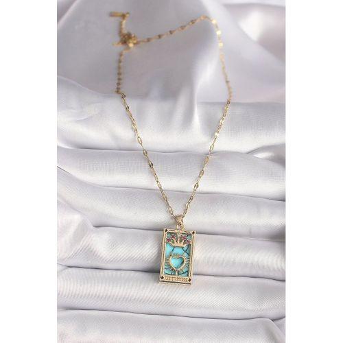 316L Gold Renk Pembe Zirkon Taşlı Taç Kalp Portre Model Kadın Kolye - TJ-BKO9670