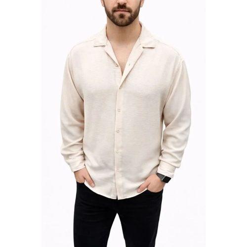 Erkek Aerobin Kumaş Oversize 4 Mevsim Uzun Kollu Rahat Kalıp Gömlek - Bej