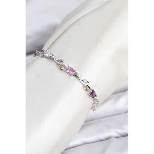 Pirinç Gümüş Renk Pembe ve Mor Zirkon Taşlı Çiçek Model Kadın Bileklik