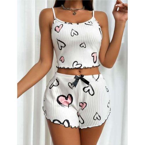 Beyaz Üstüne Kalp Desenli Askılı Şortlu Pijama Takımı