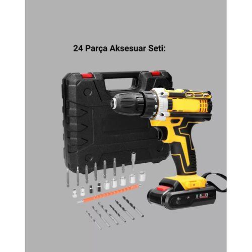 24 Parça Çift Bataryalı Akülü Darbeli Matkap – Güçlü Motor, Metal Dişli, Led Işıklı