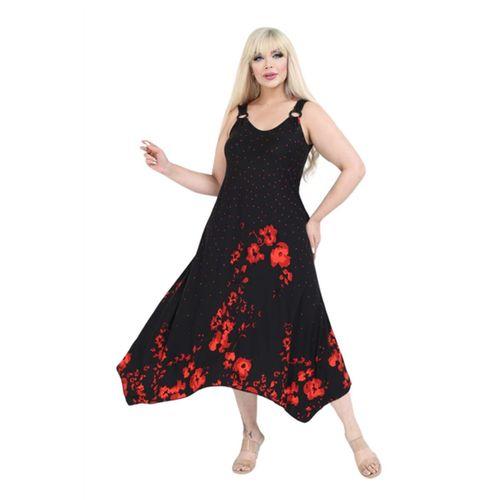 Melsay Butik Siyah Askılı V Yaka Kırmızı Puanlı Gelincik Desen Elbise