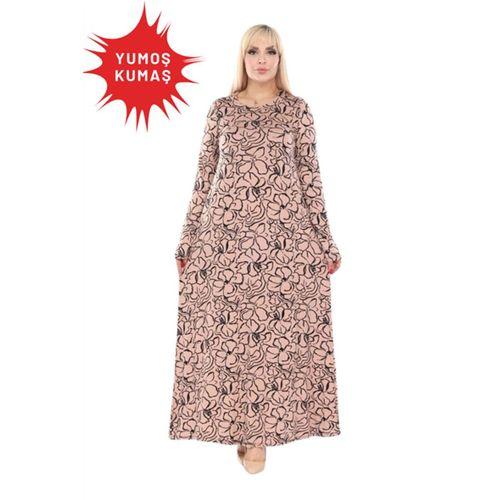 Melsay Butik Yumoş Kumaş Somon Çiçek Desen Uzun Kollu Kadın Tesettür Elbise
