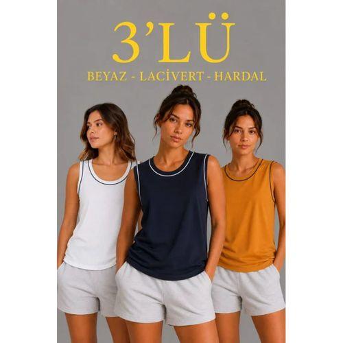 3’lü Kolsuz Sporcu Atlet Seti Yazlık Bisiklet Yakalı - Beyaz, Lacivert, Hardal