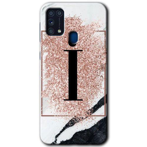 MRCİLETİSİM Samsung Galaxy M31 Kılıf Baskılı Kapak - Pembe Mermer Desenli İ Harfi +Tam Kaplayan Mat Seramik