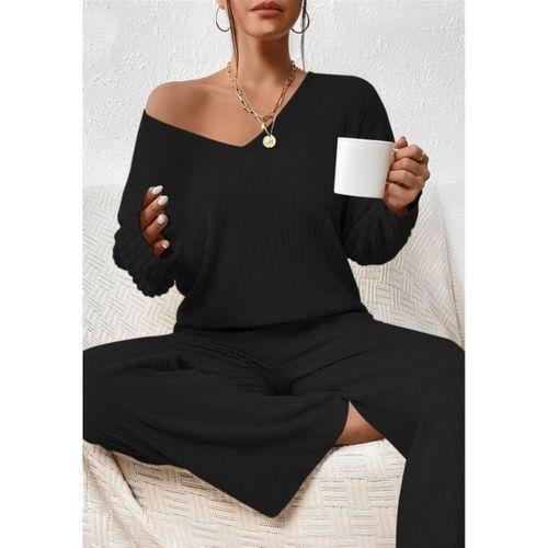 Kadın Uzun Kollu V Yakalı şardonlu Kaşkorse Bluz Ve Pantolon Ikili Takım