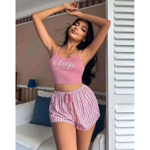 Kadın Pembe Çizgili Desen Askılı Şortlu Pijama Takımı Rahat Şık 2’li Set