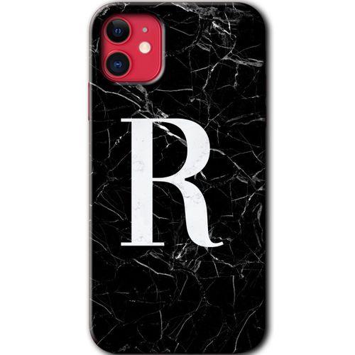MRCİLETİSİM iPhone 11 Kılıf HD Desen Baskılı Arka Kapak + Temperli Cam - Siyah Mermer Desenli R Harfi