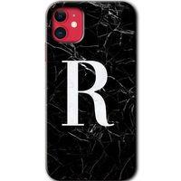 MRCİLETİSİM iPhone 11 Kılıf HD Desen Baskılı Arka Kapak + Temperli Cam - Siyah Mermer Desenli R Harfi