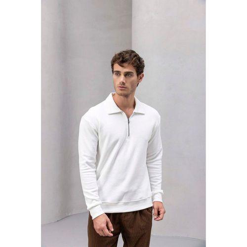 Eric Relax Fit Yarım Fermuarlı Polo Yaka Selanik Kumaş Erkek Sweatshirt - Ekru