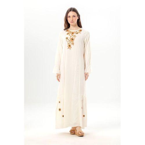 Uzun Kol Aysu Nakışlı Bisiklet Yaka Şile Bezi Yazlık Uzun Elbise Krem Krm