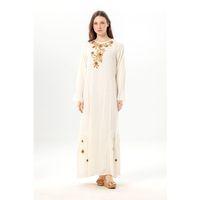 Uzun Kol Aysu Nakışlı Bisiklet Yaka Şile Bezi Yazlık Uzun Elbise Krem Krm