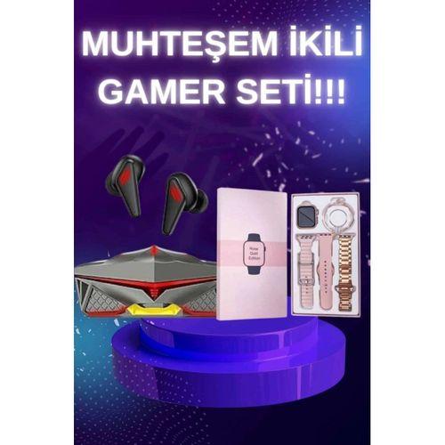 Yeni Nesil Pembe Dokunmatik Ekran Akıllı Saat Ve Kulaklığı Kablosuz Bluetooth Kulaklık