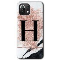 BeRa Aksesuar Xiaomi Mi 11 Lite Kılıf Baskılı Kapak - Pembe Mermer Desenli H Harfi +Tam Kaplayan Mat Seramik