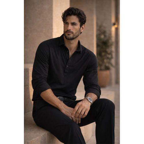 Yarım Pat Yakalı York Pamuk Kumaşlı Uzun Kollu Erkek Gömlek - Siyah