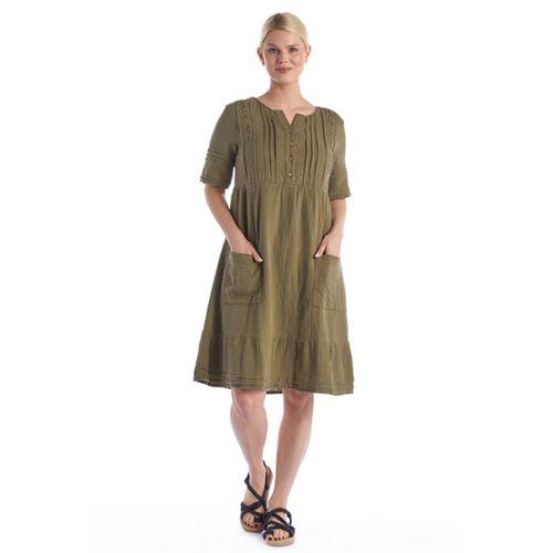 Kısa Kol Haki Kare Yaka Cep Detaylı Midi Boy Müslin Yazlık Elbise