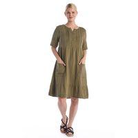 Kısa Kol Haki Kare Yaka Cep Detaylı Midi Boy Müslin Yazlık Elbise