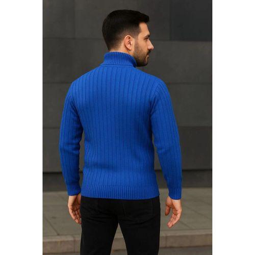Erkek Balıkcı Yaka Bağazlı Triko Kazak Pamuklu Kalın Fitilli Dokuma, Regular Fit Uzun Kollu Kışlık Model - Saks Mavisi