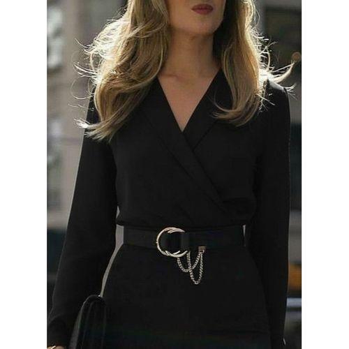 Kadın Uzun Kollu Kruvaze Yaka Janjan Krep Midi Elbise