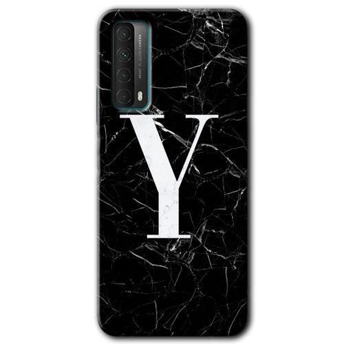 Huawei P Smart 2021 Kılıf HD Desen Baskılı Arka Kapak - Siyah Mermer Desenli Y Harfi + Kırılmaz Cam