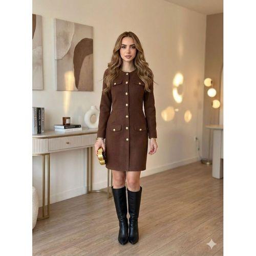 Kadın Bisiklet Yaka Cep Ve Gold Düğme Detay Double Kumaş Mini Elbise