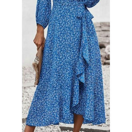 Kadın Uzun Kollu Kruvaze Yaka Yandan Bağlamalı önden Fırfır Detaylı Süprem Uzun Elbise