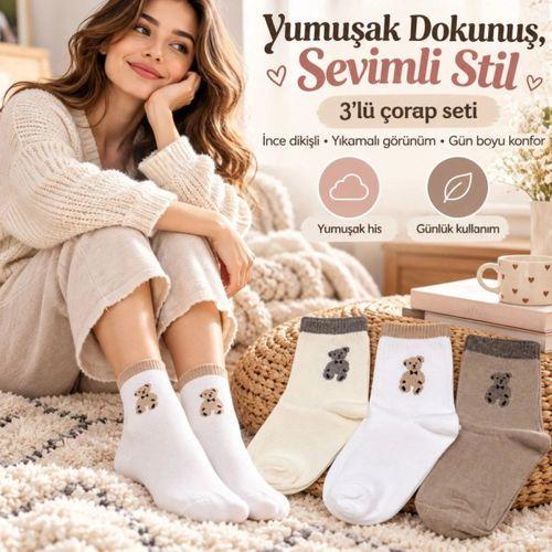 Kadın Soket Çorap Seti - Ayıcık Desenli, 3'lü Paket