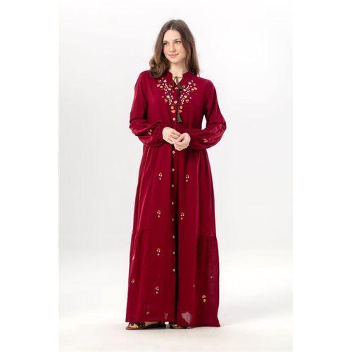 Uzun Kol Ala Nakışlı Püskül Bağcıklı Hakim Yaka Yazlık Şile Bezi Uzun Elbise Bordo Brd