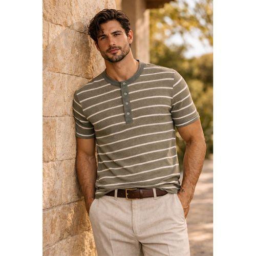 Kristof Pike Kumaş Regular Fit Düğmeli Yaka Kendinden Çizgili T-Shirt - Yeşil