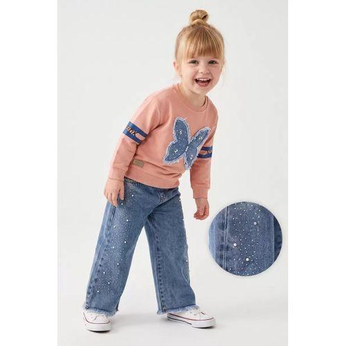3/6 Yaş Taşlı Kelebek Nakışlı Sweatli Kot Pantolonlu Çocuk Takımı