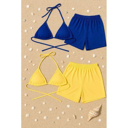 Kadın Sarı Ve Mavi Şortlu Belden Ve Boyundan Bağlamalı Bikini Takımı