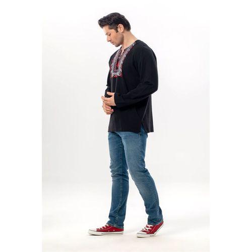 Uzun Kol Şile Bezi Bisiklet Yaka Bahriyeli Erkek Yazlık T-shirt Siyah 3003