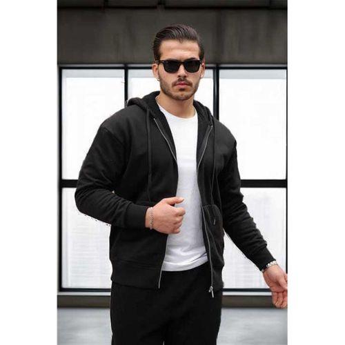 İçi Peluş Üç İplik Kumaş Oversize Fermuarlı Kapüşonlu Sweatshirt- Siyah