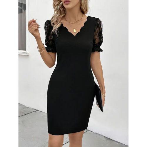 Kadın Kısa Kollu Dantelli V Yakalı Yanlardan Büzgülü çapraz Detaylı Ithal Krep Elbise
