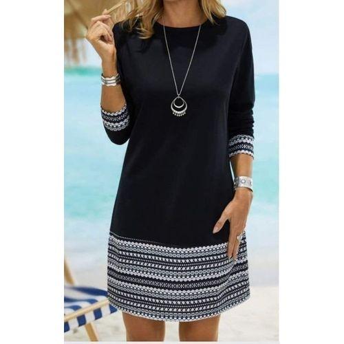 Kadın Uzun Kollu Bisiklet Yaka Kol Ağzı Ve Etek Ucu Baskılı Iki Iplik Elbise