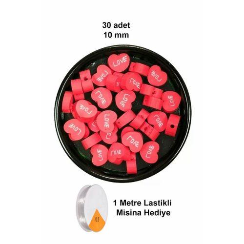 30 Adet 10 mm Polimer Kil Fimo Boncuk Takı Bileklik + 1 Metre Lastikli Misina Hediye - Kalp Love