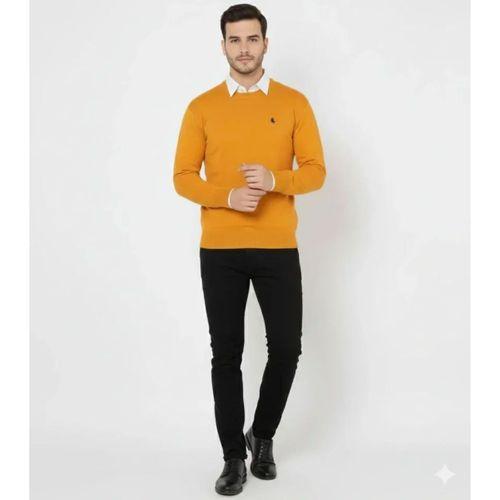 Erkek Bisiklet Yaka Nakış Işlemeli Triko Kazak Yumuşak Dokulu Pamuklu Ince Dokuma, Uzun Kollu Rahat Regular Kalıp - Turuncu