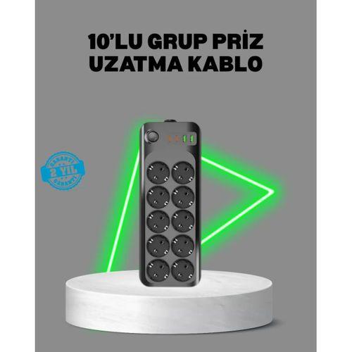 Termal Akım Korumalı 10’lu Grup Priz Usb Type-c Hızlı Şarj 2500w 2m Kablo