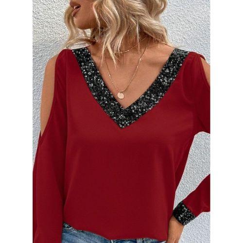 Kadın Uzun Kollu V Yakalı Omuzlardan Açık Sandy Bluz