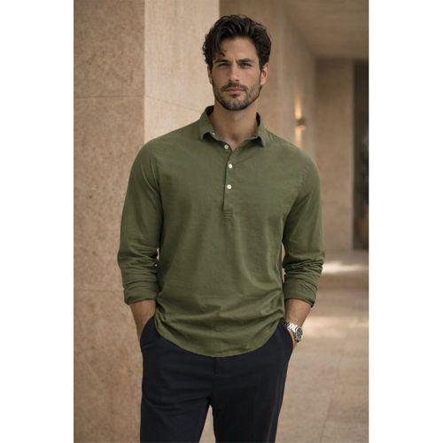 Yarım Pat Yakalı York Pamuk Kumaşlı Uzun Kollu Erkek Gömlek - Açık Haki