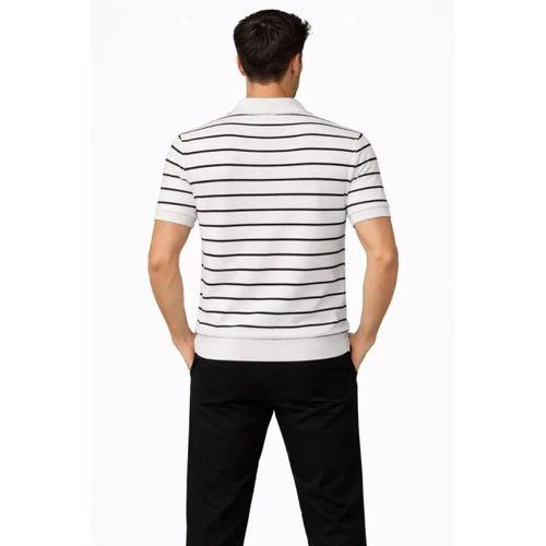 Erkek Triko Polo Yaka Fermuarlı Çizgili Tişört T-Shirt Yazlık Şık - Beyaz