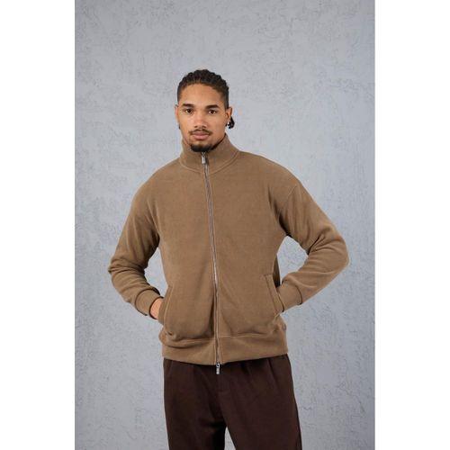 Ron Selanik Örme İçi Peluş Çift Fermuarlı Dik Yaka Erkek Hırka Sweatshirt - Vizon